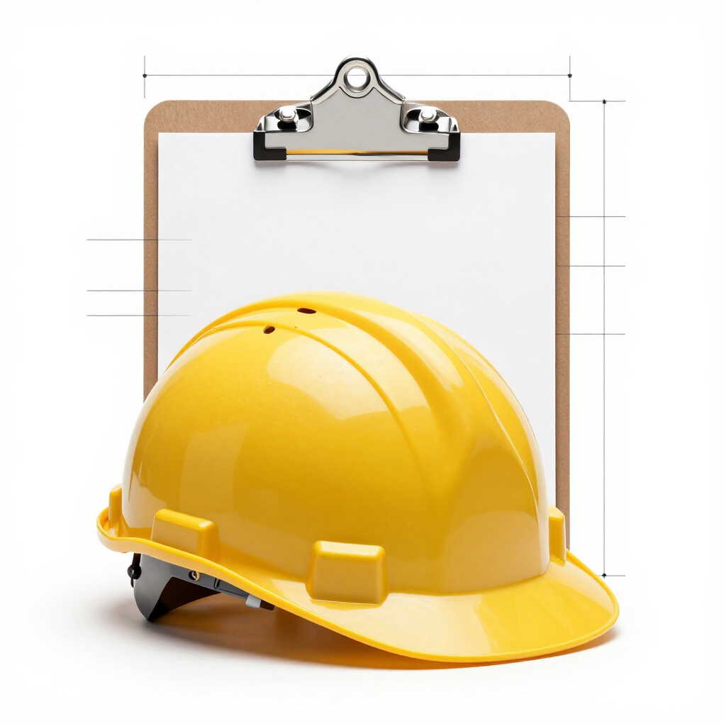 Casco de construcción amarillo sobre un portapapeles con una hoja blanca.