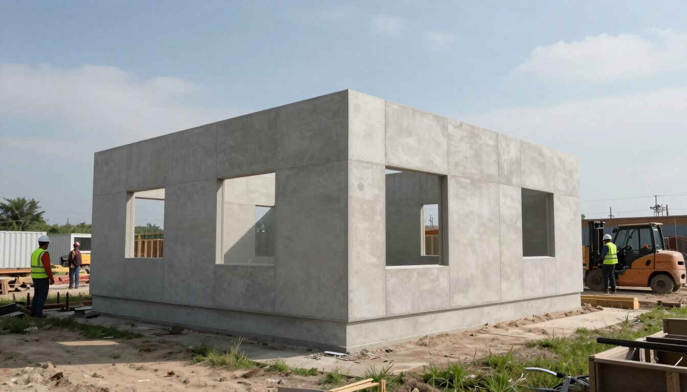 Casa de hormigón parcialmente construida con aberturas para ventanas en una obra en construcción, con maquinaria cerca.