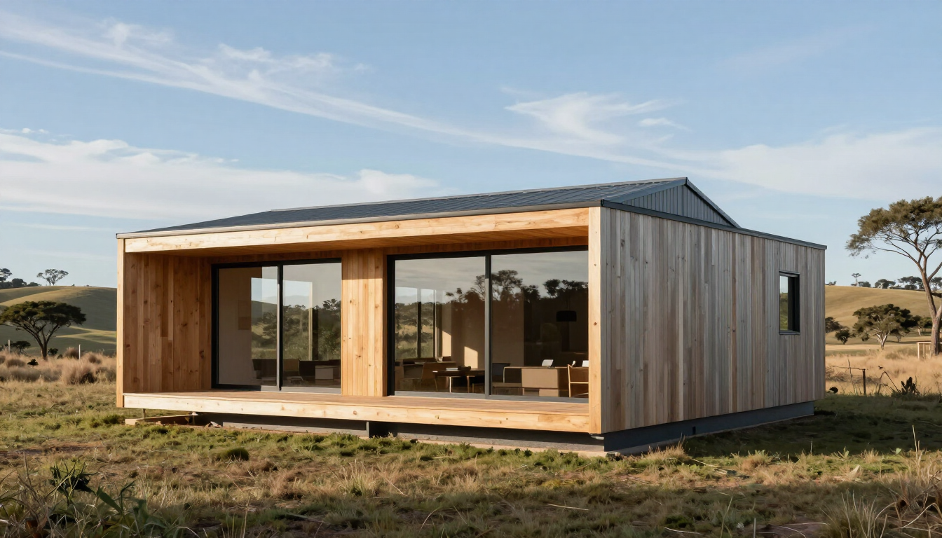 Cabaña moderna de madera con grandes puertas de cristal en un campo abierto cubierto de hierba bajo un cielo azul.