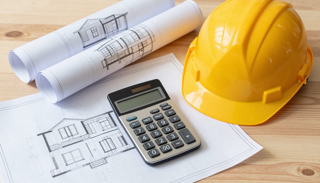 Planos de construcción, calculadora y casco amarillo sobre un escritorio de madera.