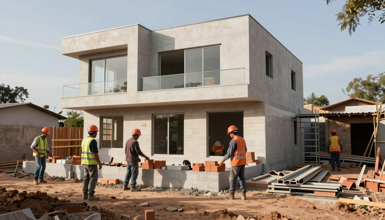 Obreros de la construcción se encuentran frente a una moderna casa de dos pisos en construcción.