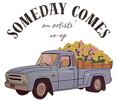 A blue truck with a basket of flowers in the back.