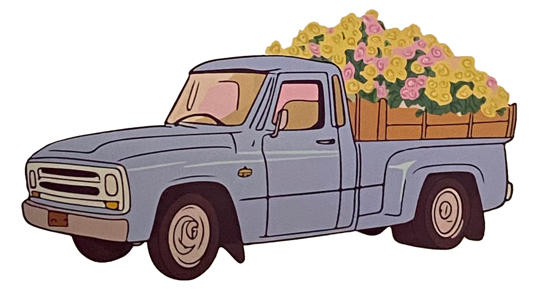 A blue truck with a basket of flowers in the back.