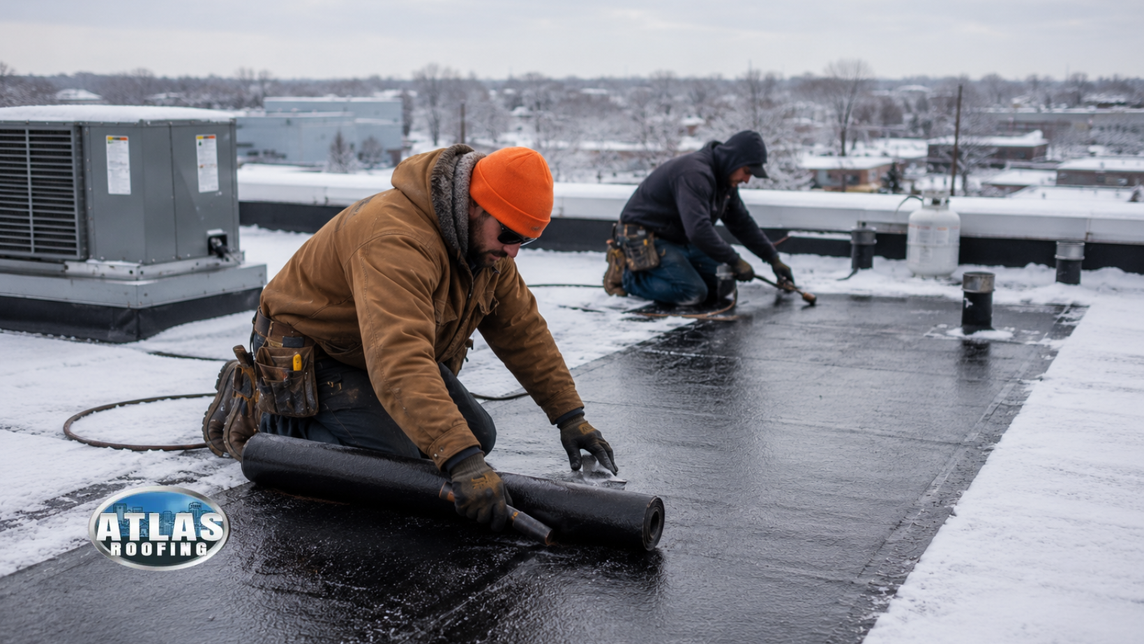 Roofer using a torch to install roofing material; wearing safety boots and standing on the roof.