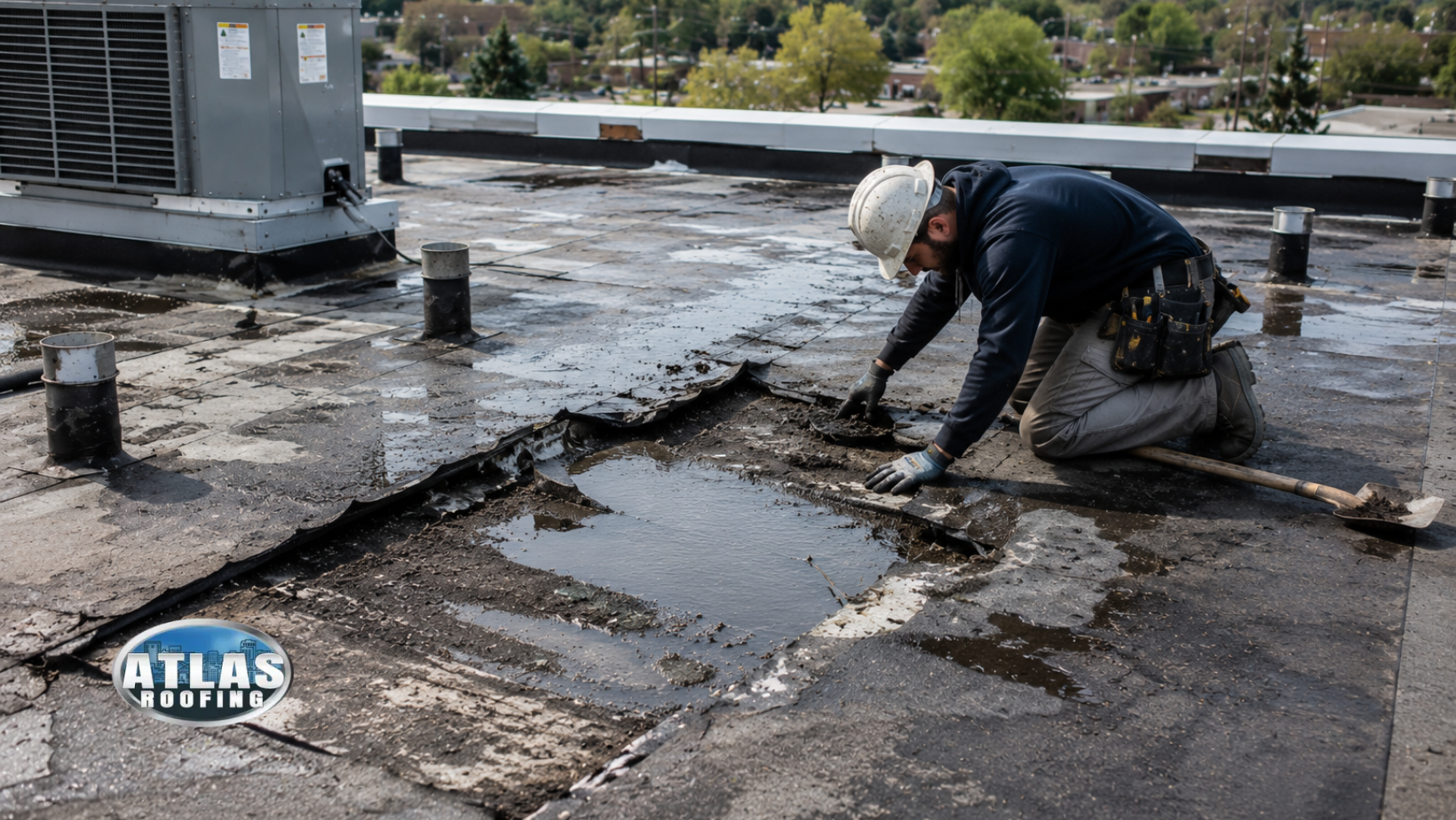 Worker kneeling on a flat roof, inspecting a damaged, waterlogged section near vents and pooled water.