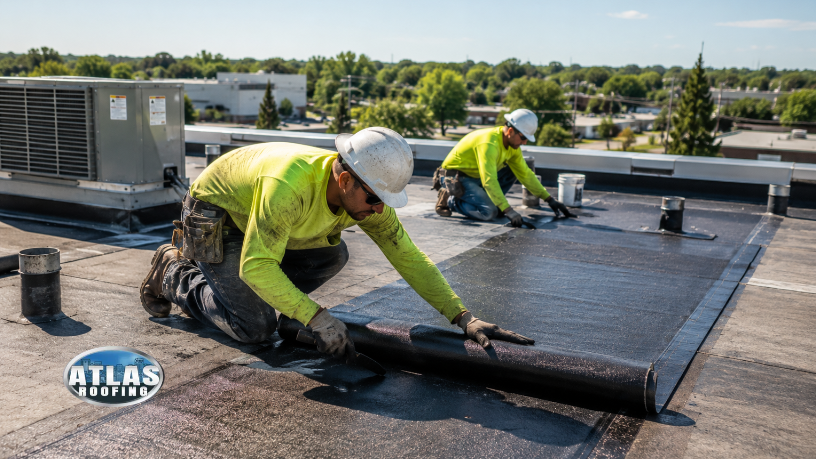 Workers installing black roofing membrane on a flat rooftop under sunny skies