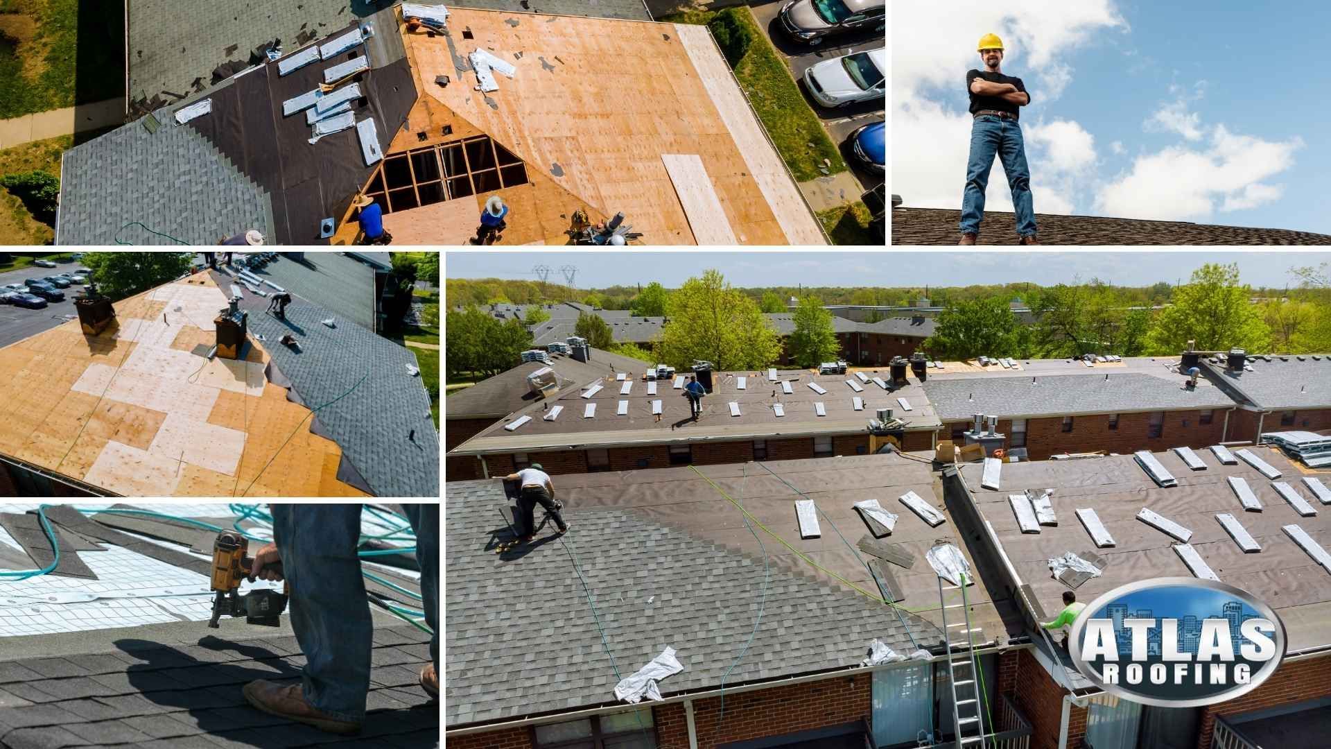 A collage of photos of a roof being repaired by atlas roofing