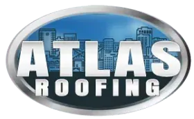 A logo for atlas roofing with a city skyline in the background