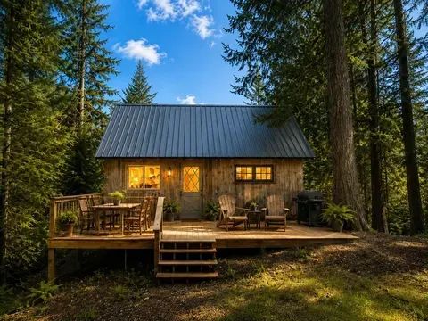 Cozy cabin with lit windows and wooden deck nestled among tall pine trees at dusk