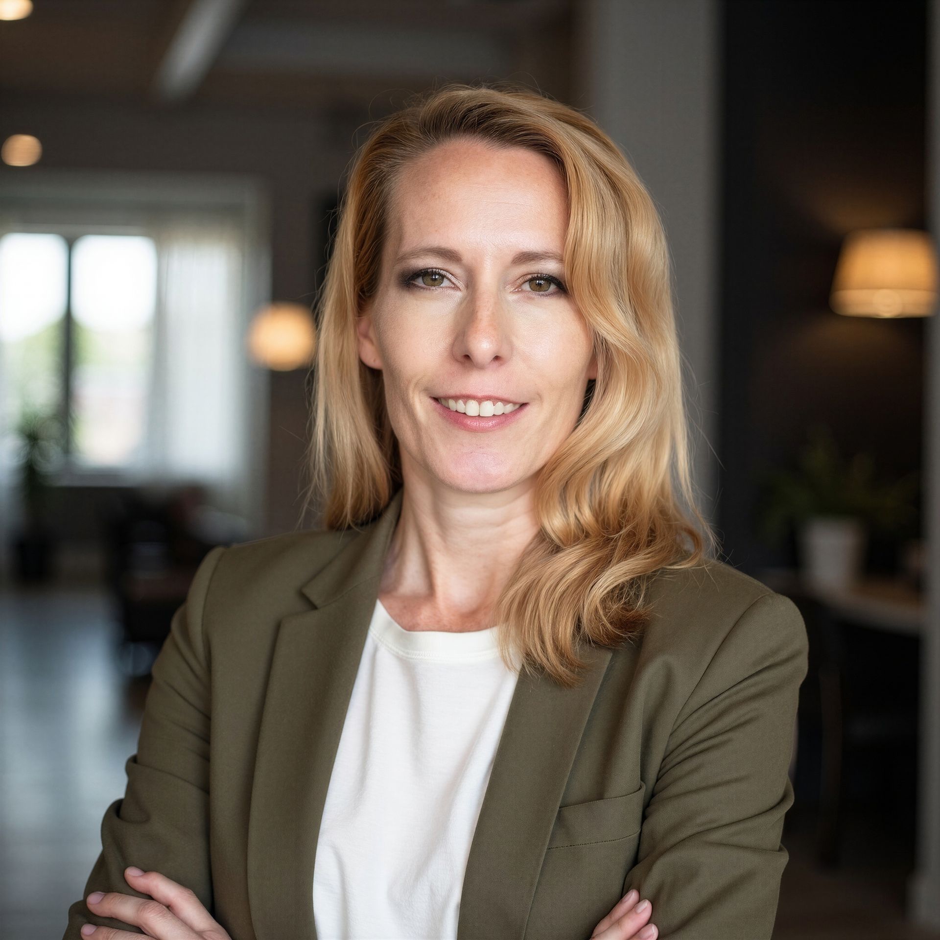 Portrait of a smiling person in an olive blazer and white shirt, standing in a softly lit office.