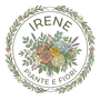 Logo floreale circolare con la scritta “IRENE PIANTE E FIORI” e fiori e foglie dai colori pastello.