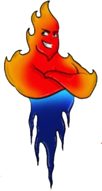 Fire-shaped figure with red and orange flames on top, blue smoke beneath, arms crossed, smirking.