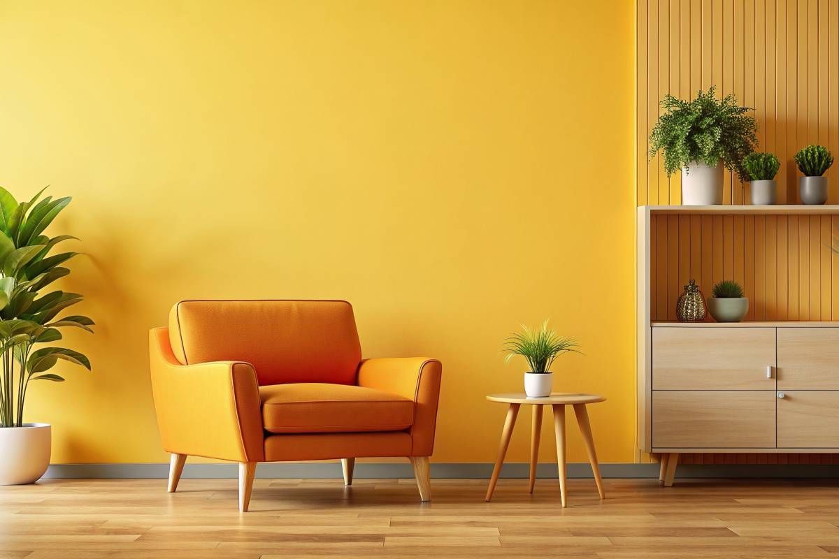 Bright yellow room featuring an orange armchair and wooden cabinet adorned with plants at Mountain Paint & Decorating near Arden, NC
