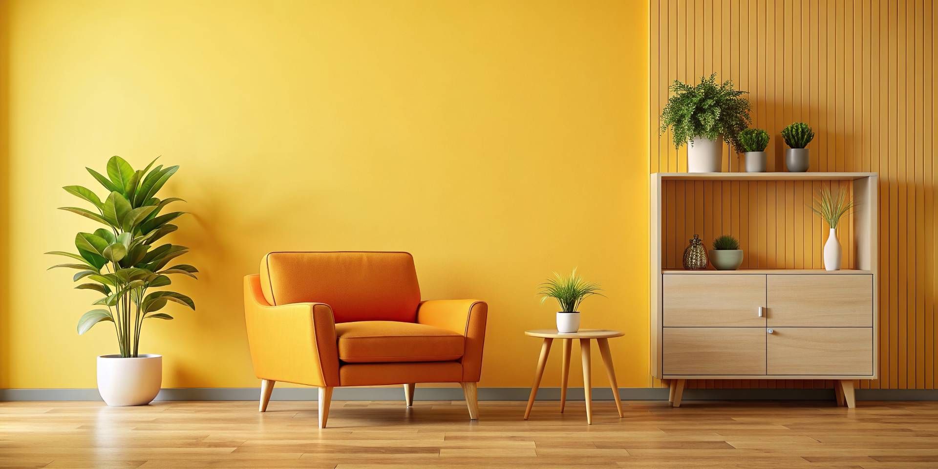 Bright yellow room featuring an orange armchair and wooden cabinet adorned with plants