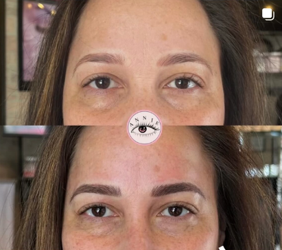 Before-and-after close-up of a face with fuller, darker eyebrows; split-screen comparison.
