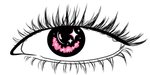 Stylized eye with long eyelashes and a black iris with pink crescent moon and star design