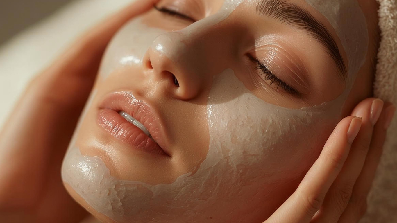 Close-up of a person with eyes closed receiving a creamy facial mask and spa treatment