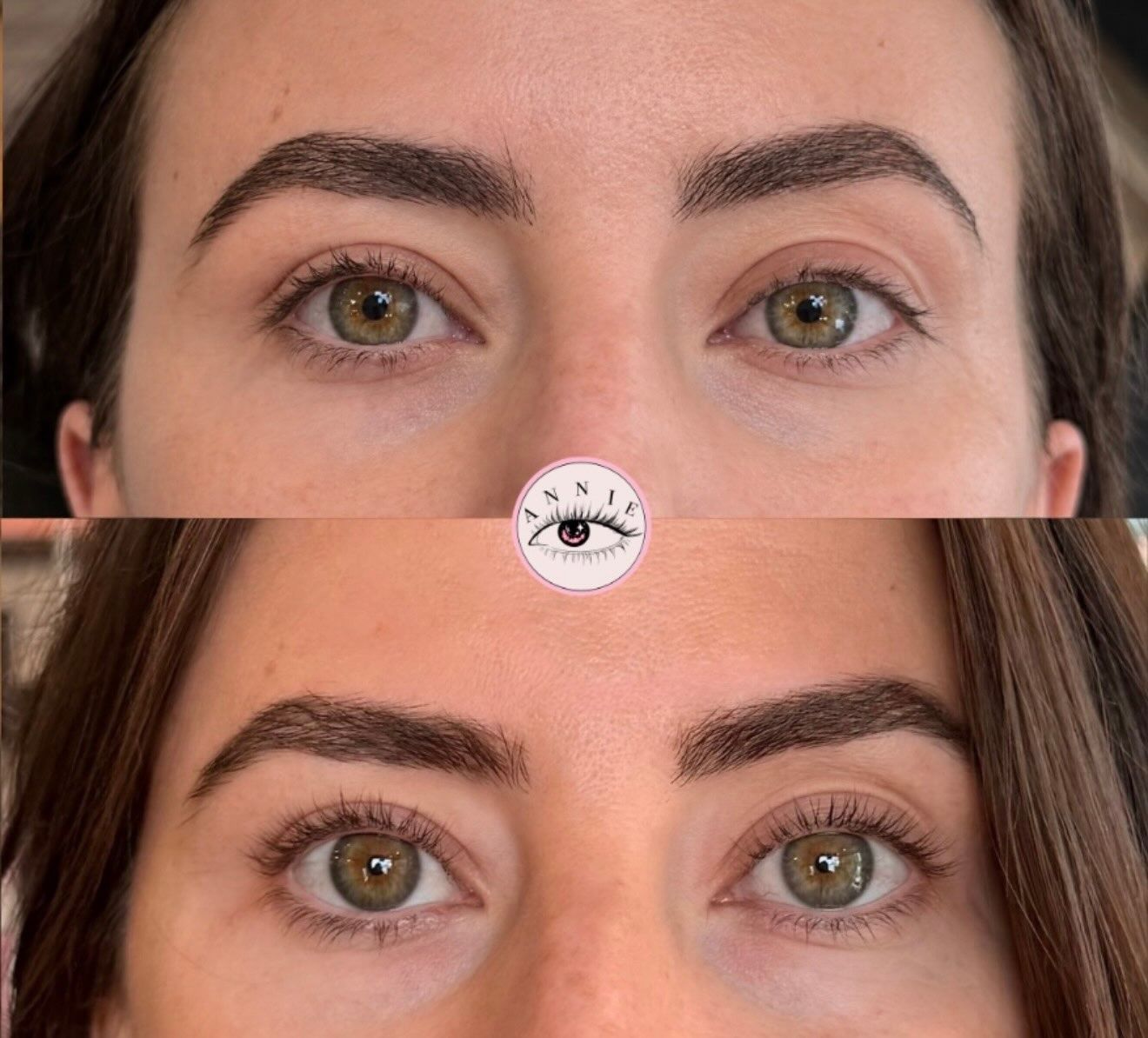 Close-up before-and-after of eyebrows and eyes, showing a lighter upper image and darker, fuller brows below
