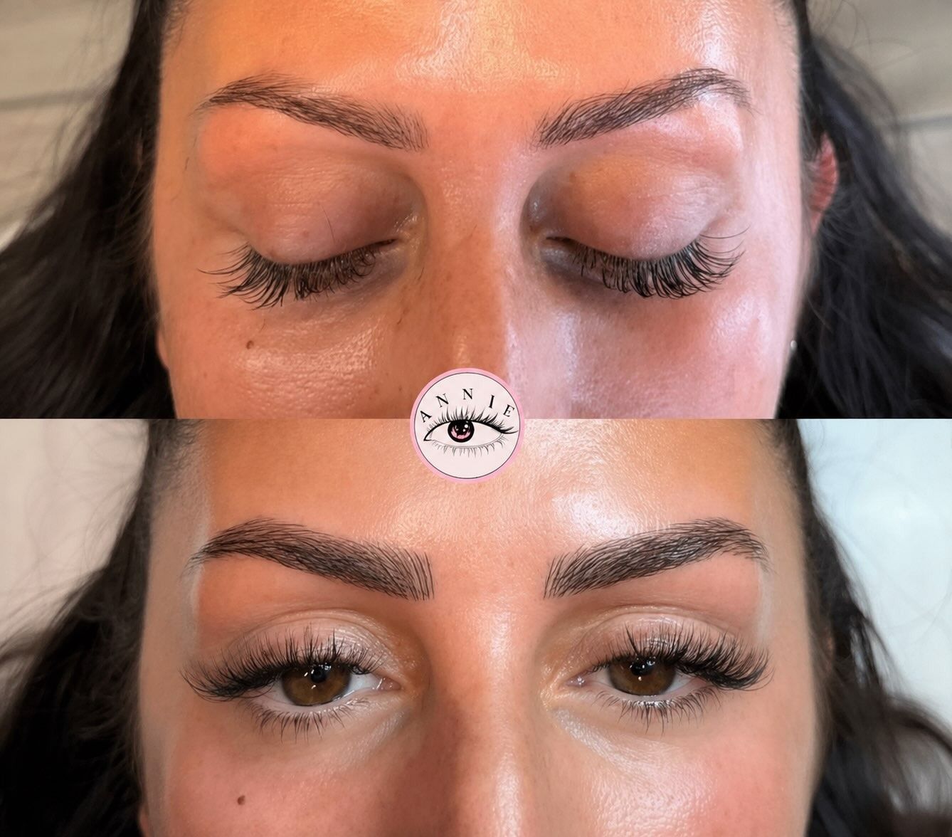 Before-and-after close-up of eyes with eyelash extensions, closed on top and open on bottom.