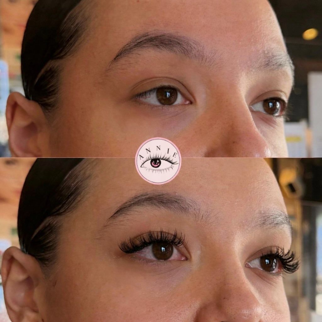 Close-up of eyes before and after applying longer false eyelashes in a side-by-side comparison