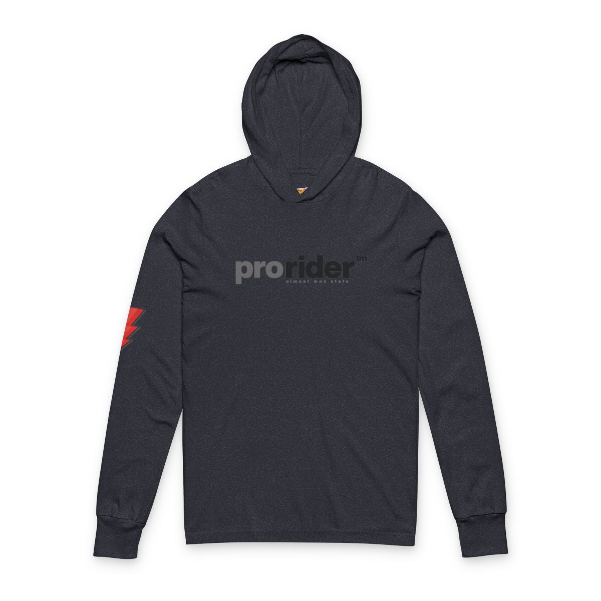 Dark blue hoodie with the word "pro rider" and a red design on the sleeve.