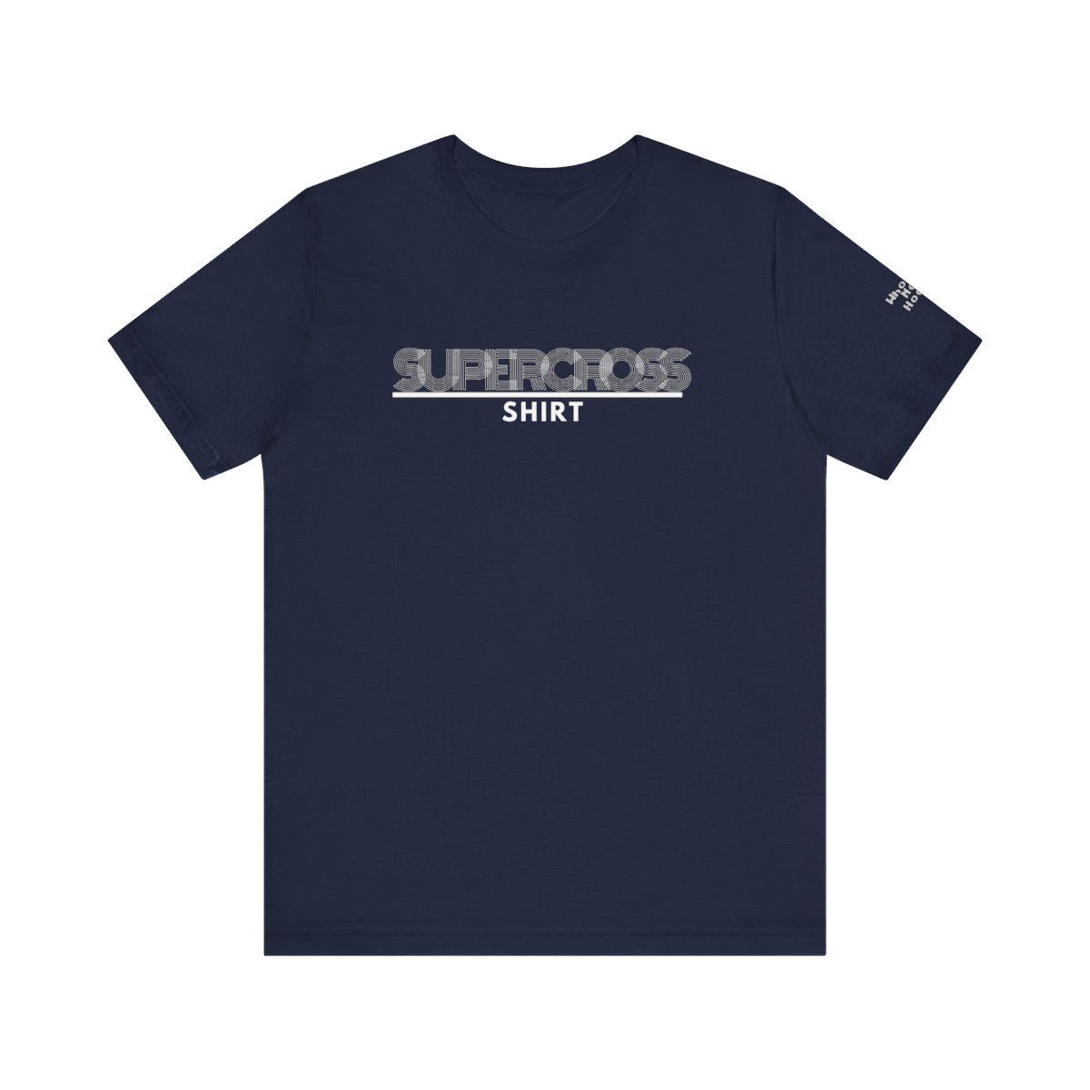Navy blue t-shirt with "SUPERCROSS SHIRT" text in white. A small design is on the right sleeve.