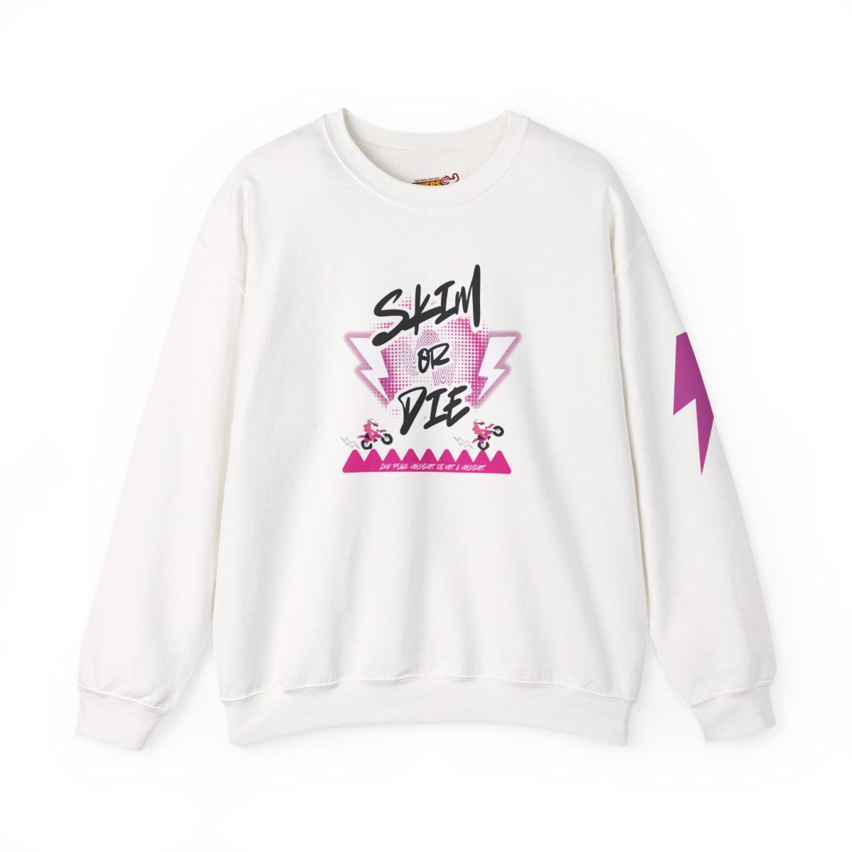 White sweatshirt with "Skin or Die" graphic in pink and purple. A pink lightning bolt is on the sleeve.