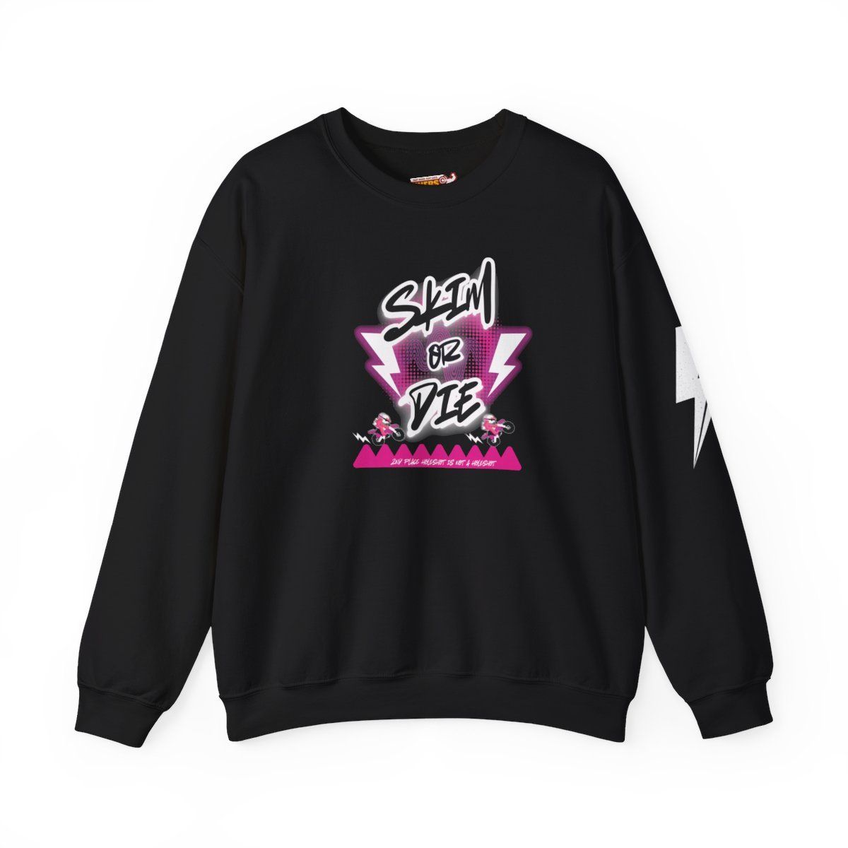 Black sweatshirt with pink and white graphic: