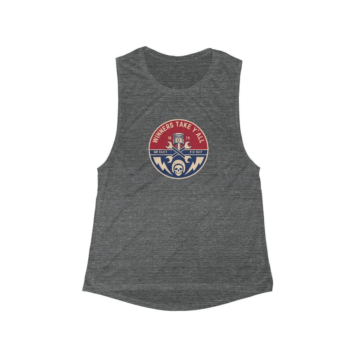 Gray tank top with a circular logo: "Wheels Take Y'all".