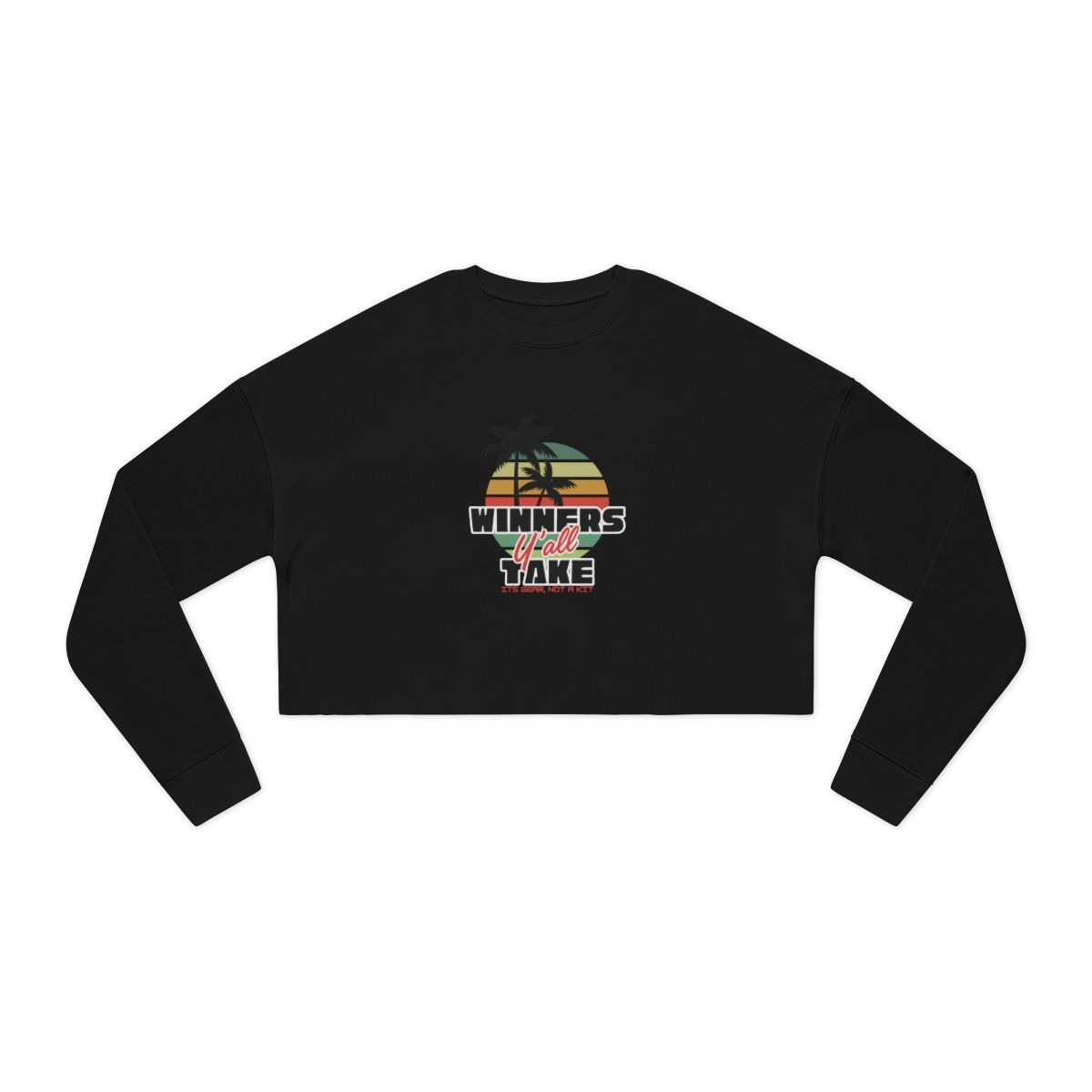 Black cropped sweatshirt with a colorful "Winners Never Quit Lane" graphic.