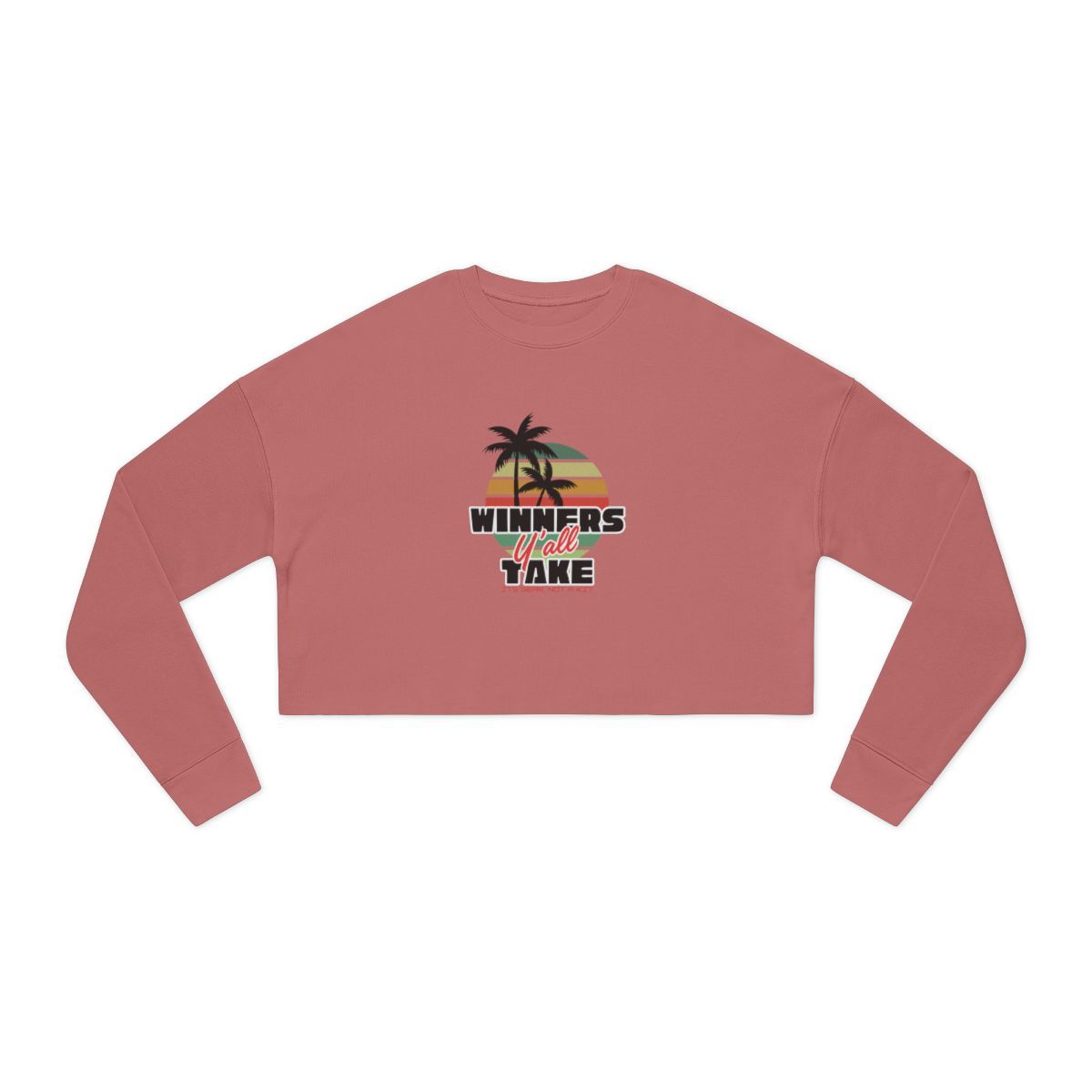 A cropped mauve sweatshirt with a sunset and palm tree graphic that says