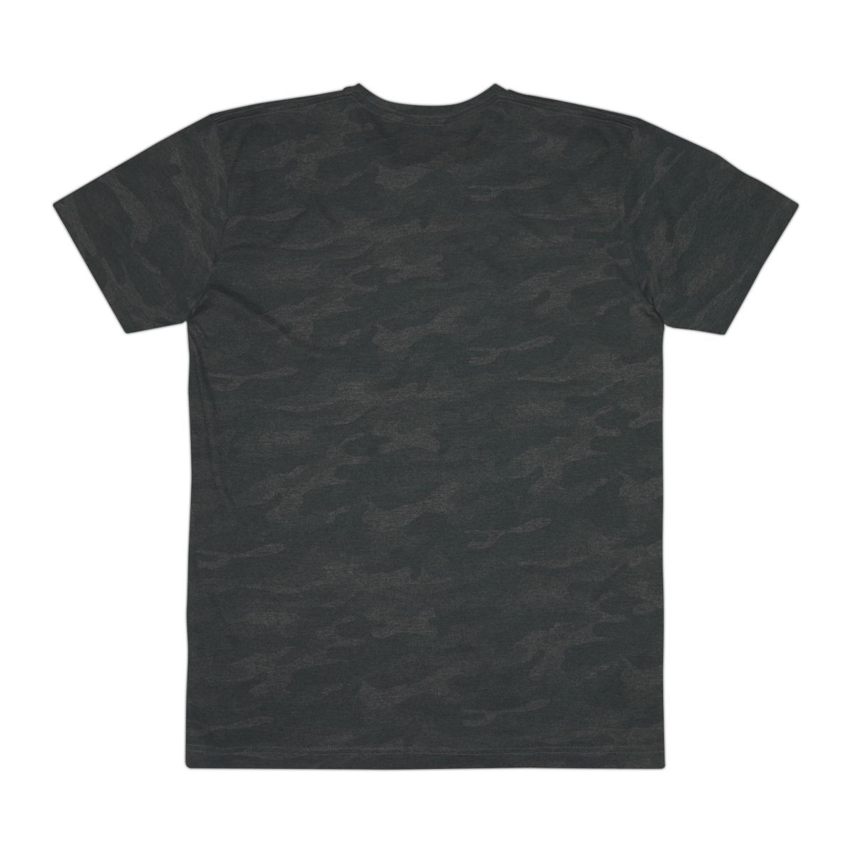 Dark gray t-shirt with a small, red and white graphic that says