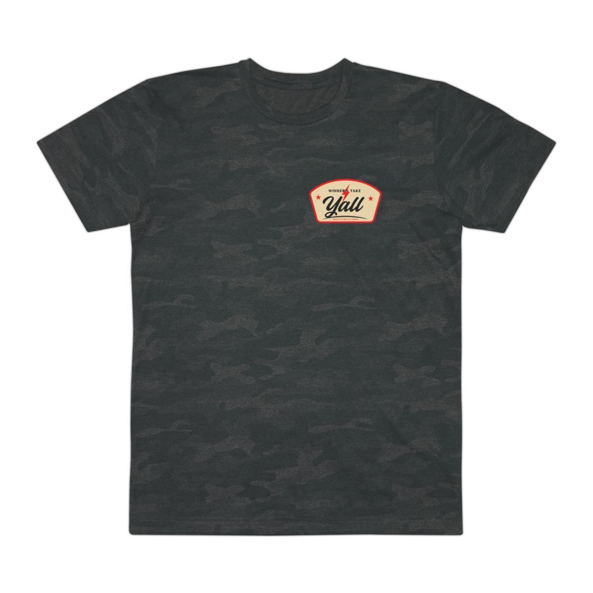 Dark gray t-shirt with a small, red and white graphic that says