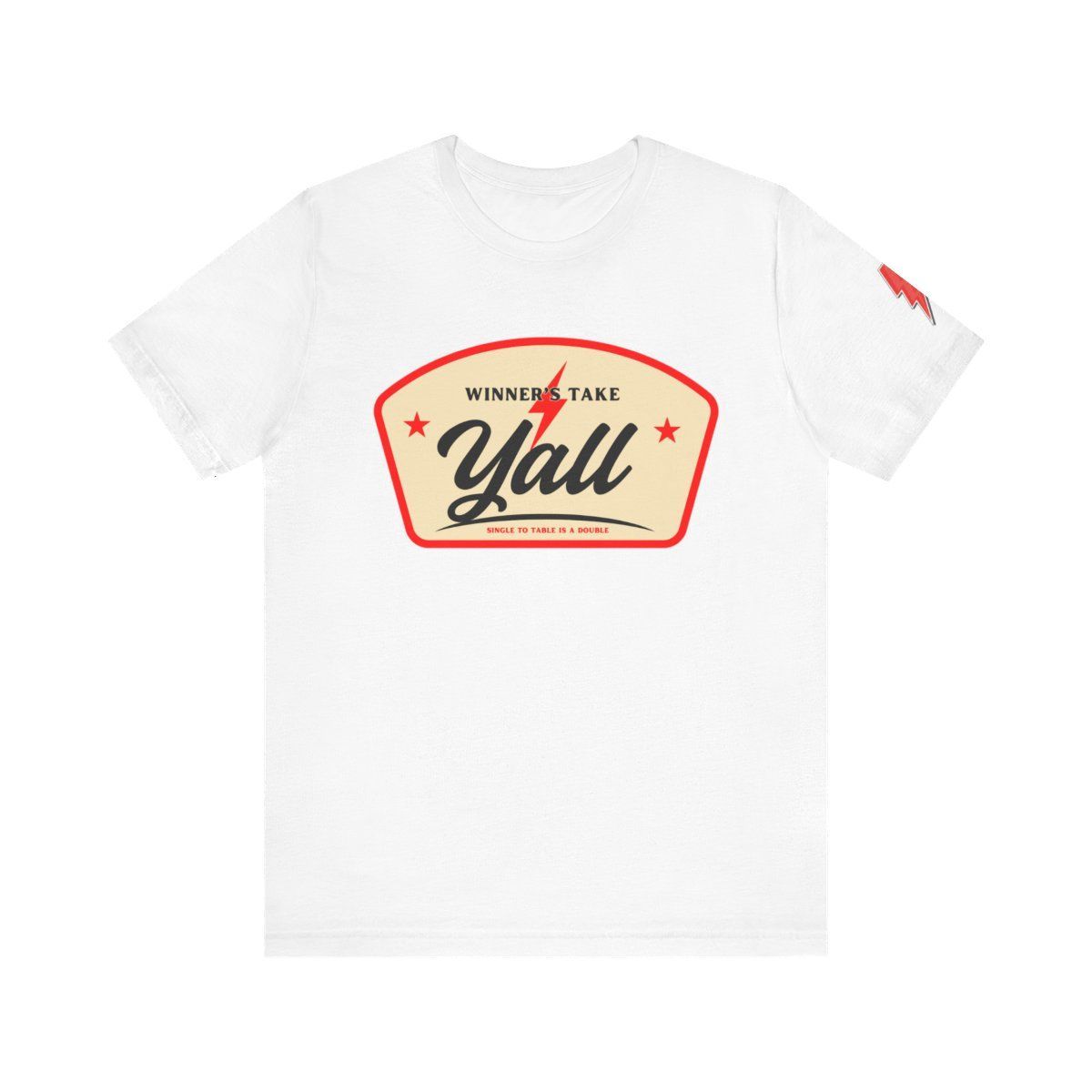 White t-shirt with "Winning Takes Y'all" graphic on front and a red buffalo on the sleeve.