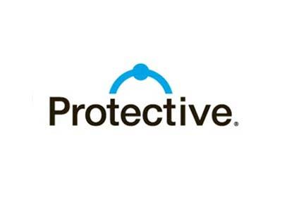 Protective logo with a blue arch over the word