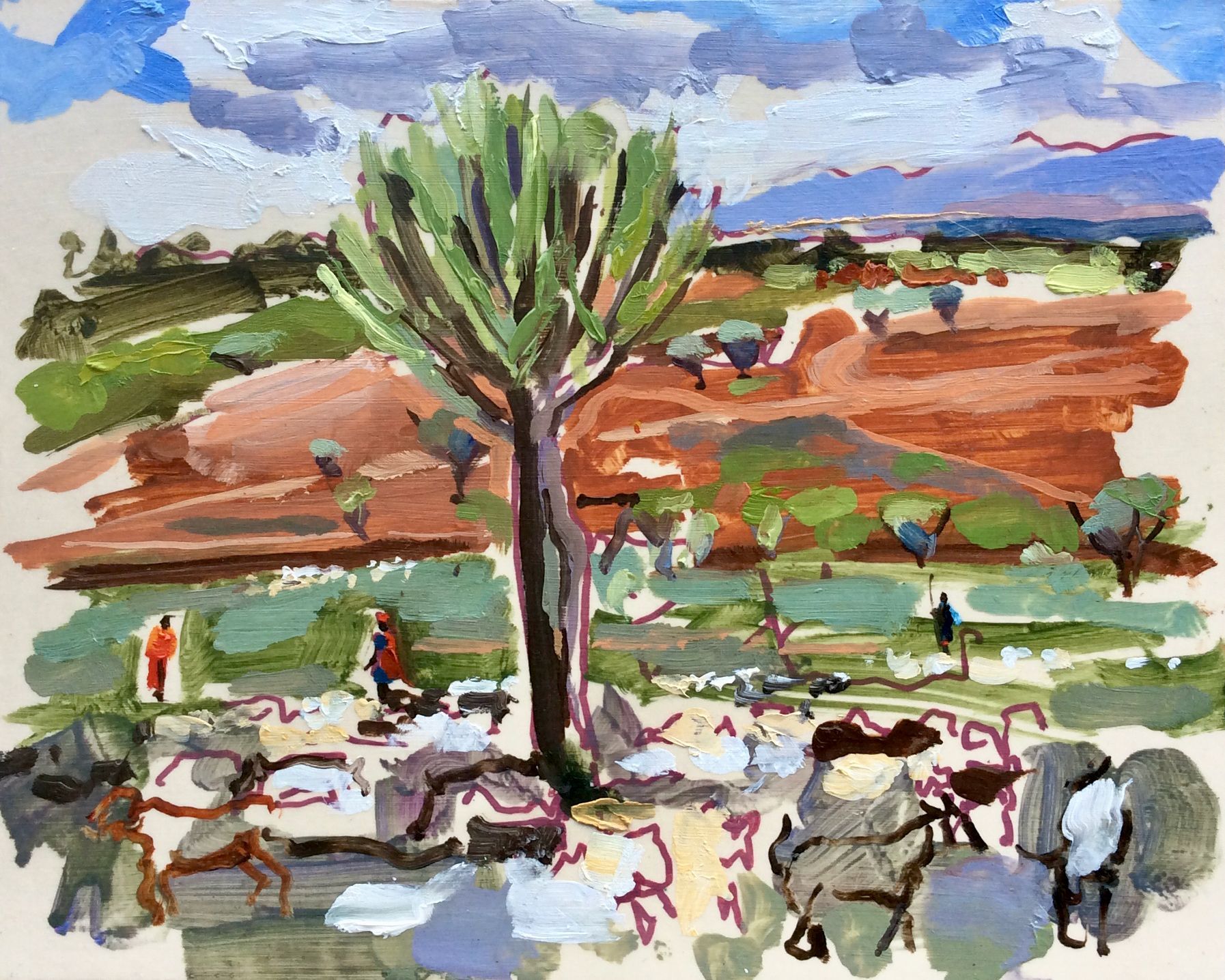 Watercolor desert landscape with a tall tree, red cliffs, and small figures near grazing sheep.