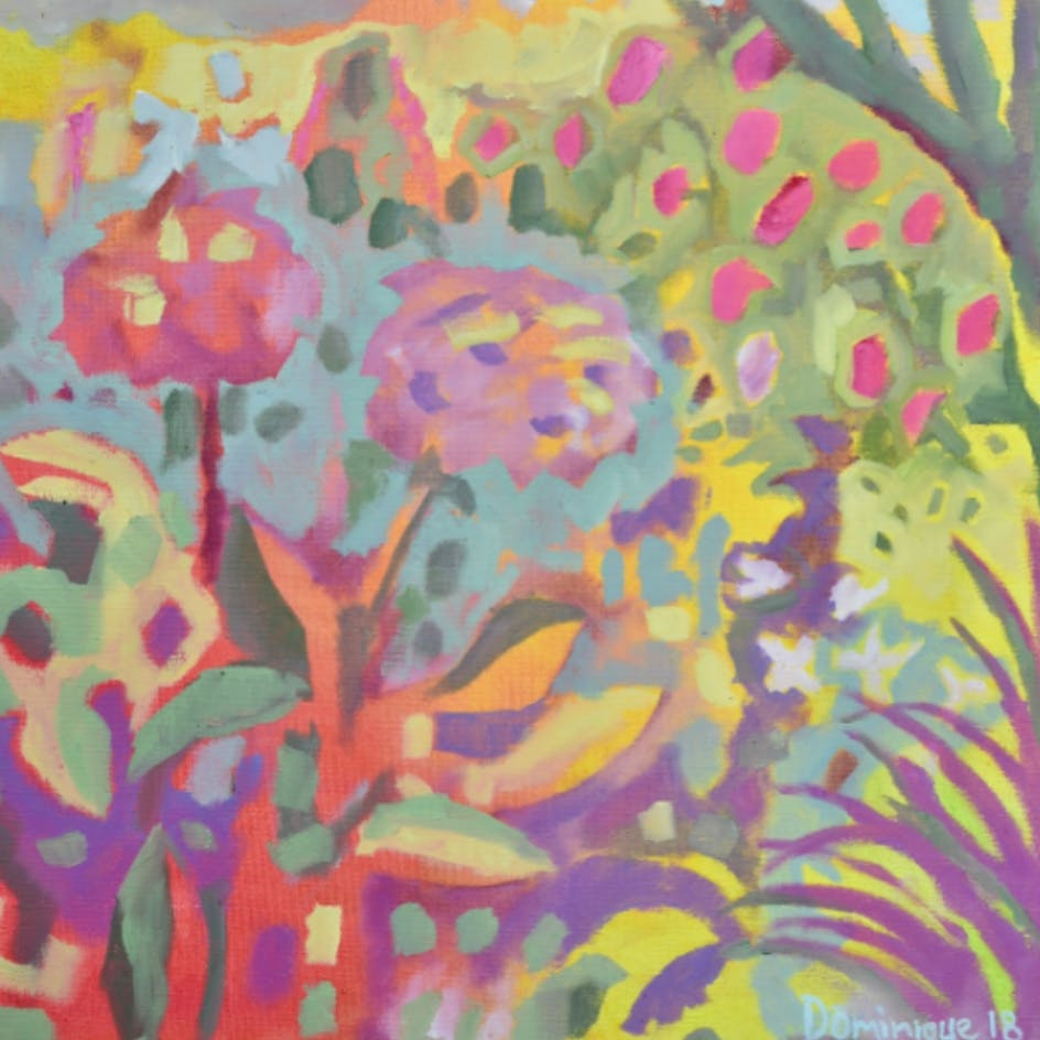 Abstract floral painting with bright pink, yellow, purple, and green blossoms and leaves