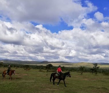 Two riders on horseback in a grassy plain under a cloudy blue sky.