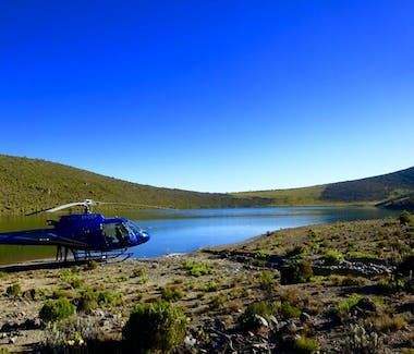 Blue helicopter parked beside a small lake under a clear blue sky, surrounded by grassy hills.