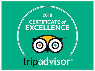 2018 TripAdvisor Certificate of Excellence badge on green background with owl logo
