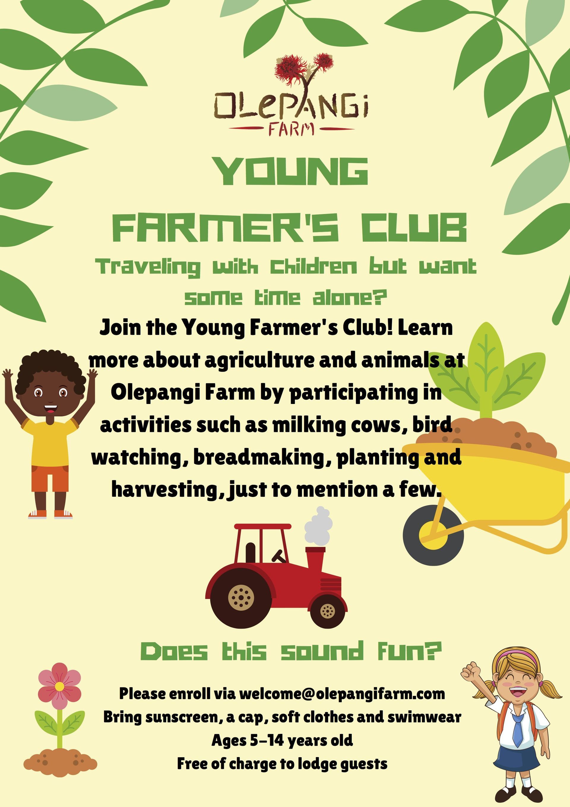 Poster for Young Farmers Club: children, tractor, wheelbarrow, and leaves; inviting kids to learn farming skills.