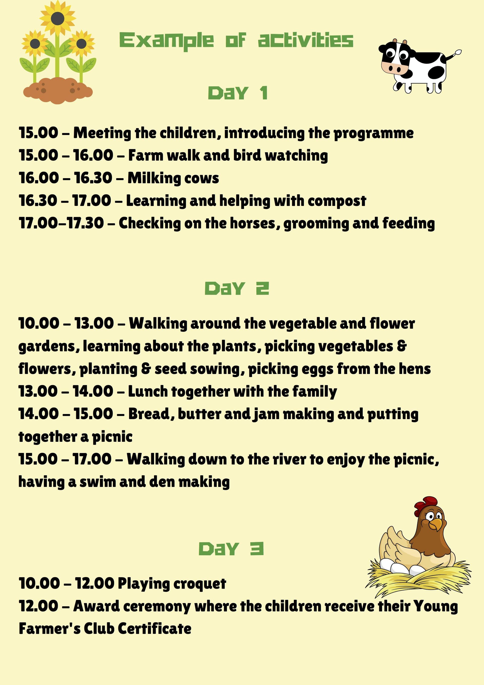 Sample schedule with daily activities, bee and cow illustrations, and green floral accents