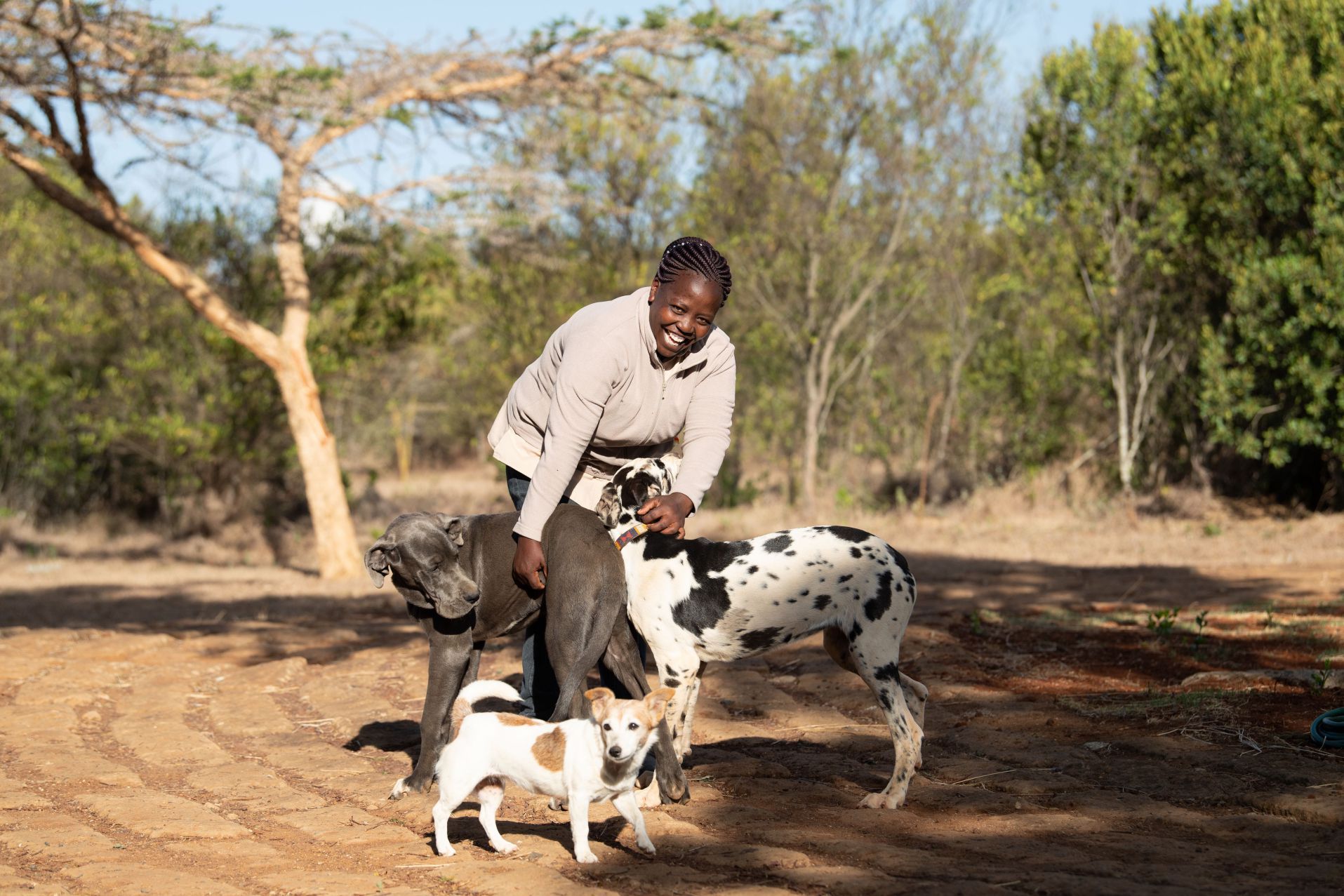 Person crouching with two dogs outdoors on a sandy path under trees
