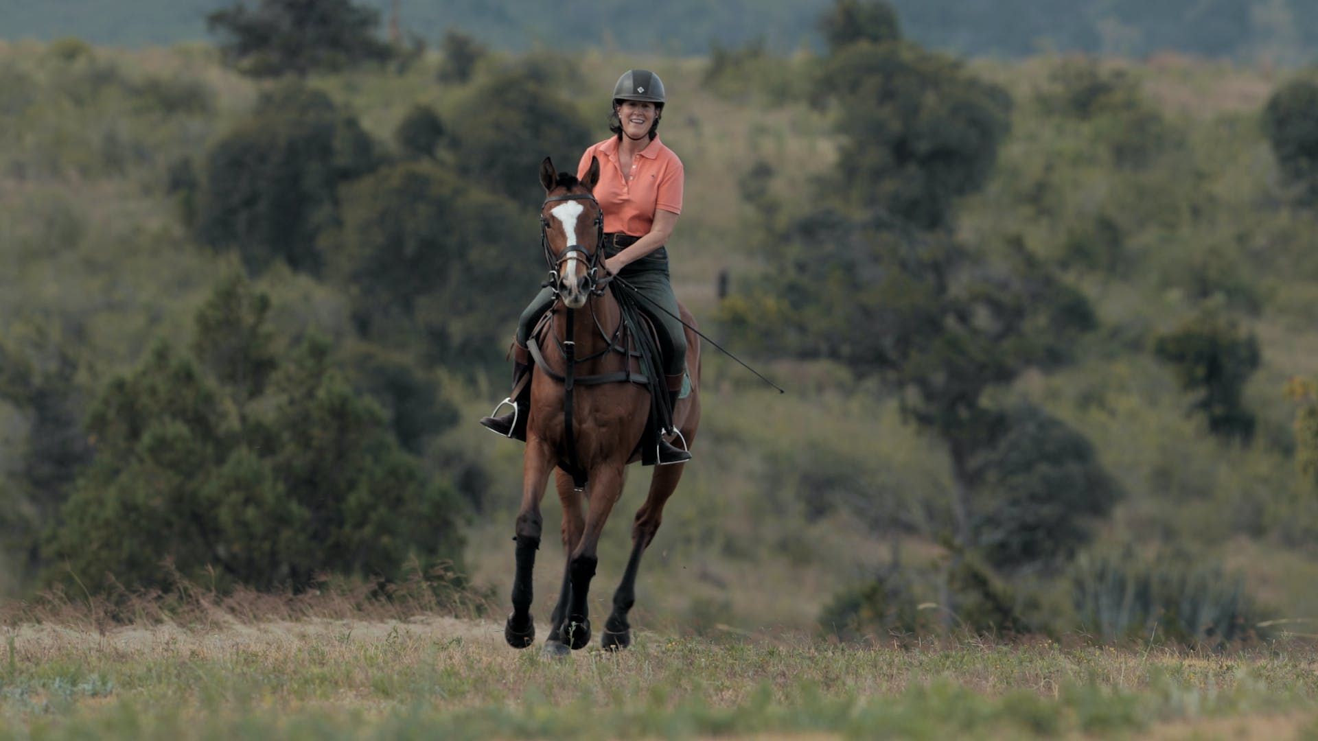 Rider on a brown horse in a grassy field with hills in the background