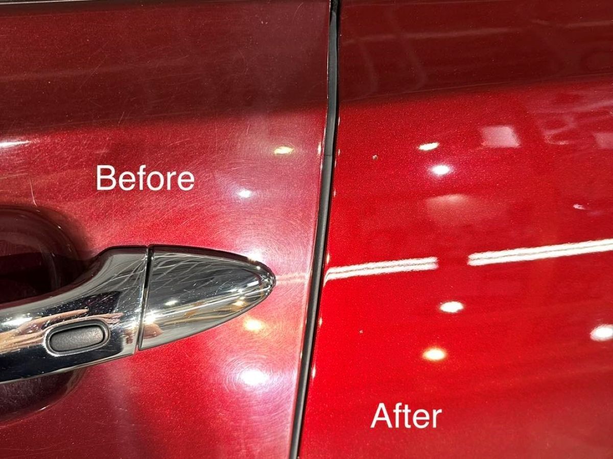 Paint correction before and after results on a red vehicle at Maryland Auto Spa in Silver Spring MD
