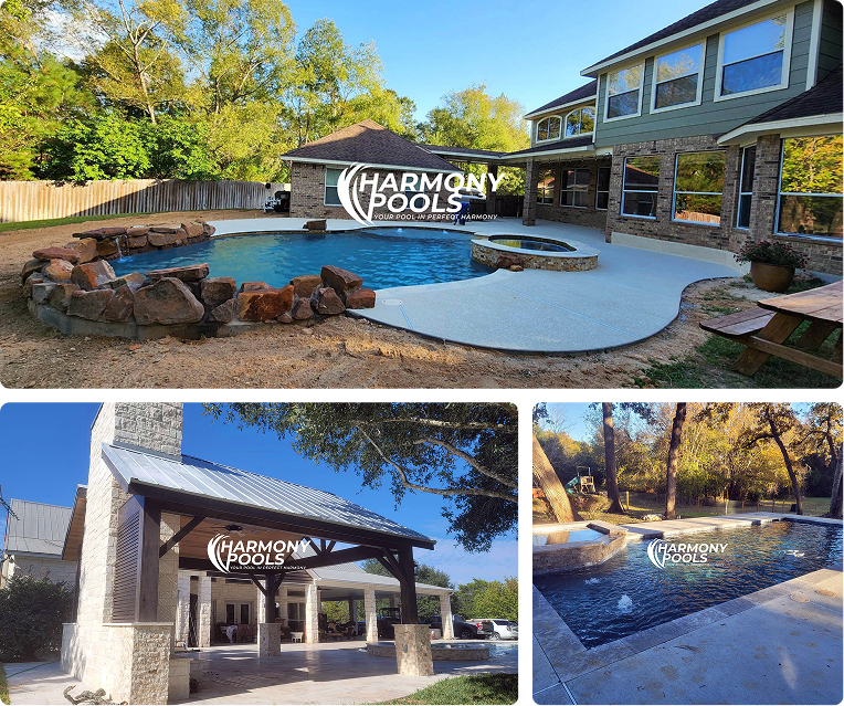 Collage of a backyard pool with rock waterfall, stone patio, and Harmony Pools branded entryway