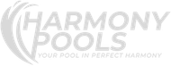 Harmony Pools logo with pale gray text and heart-like swoosh, tagline “Your Pool in Perfect Harmony”
