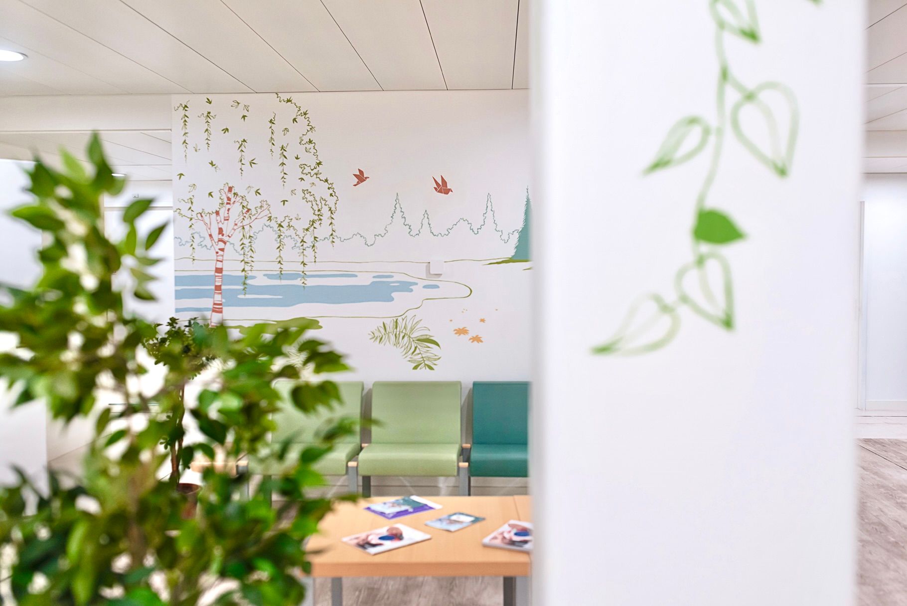 Bright meeting room with wall murals, green plants, and a table with papers and brochures