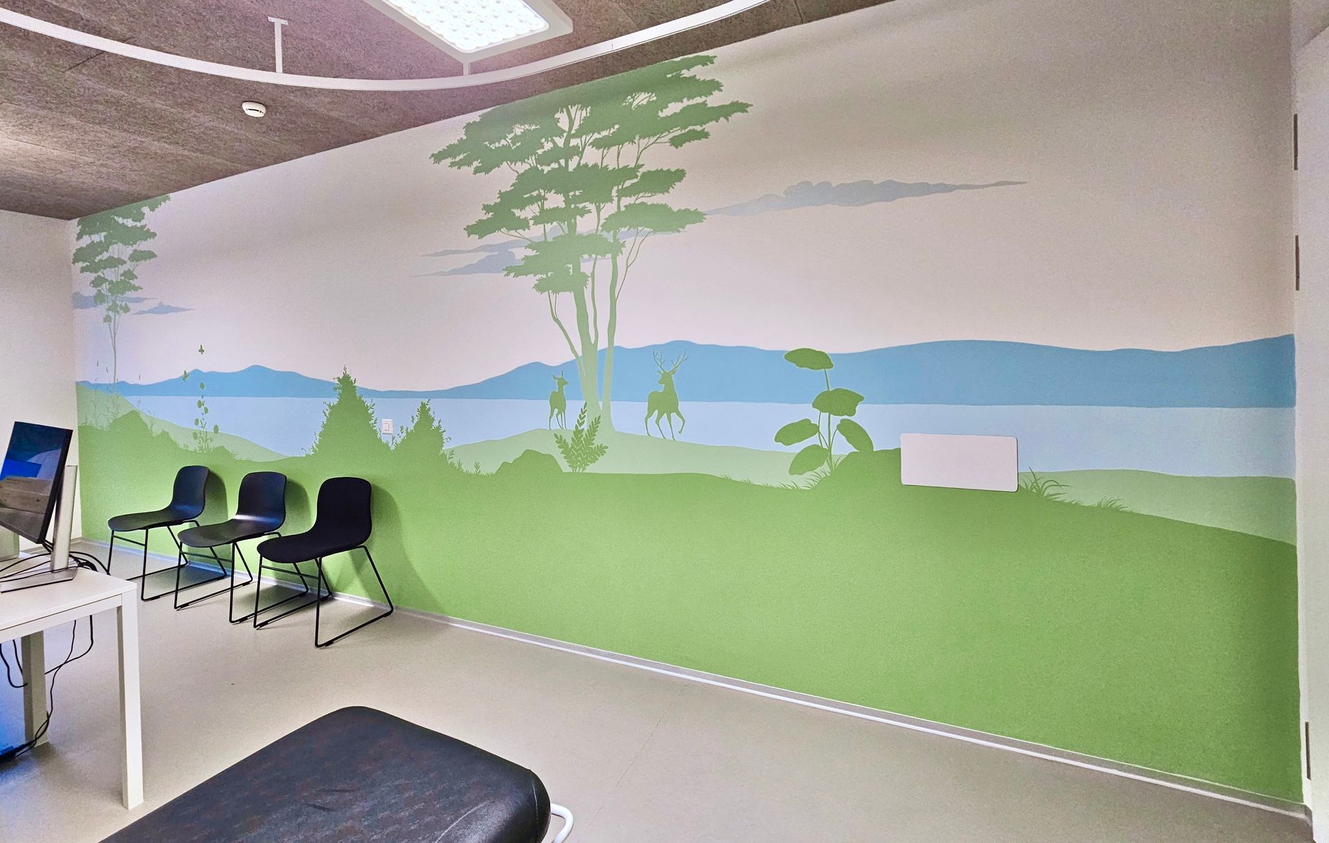 Office wall mural with green hills, trees, and blue sky behind chairs and a desk