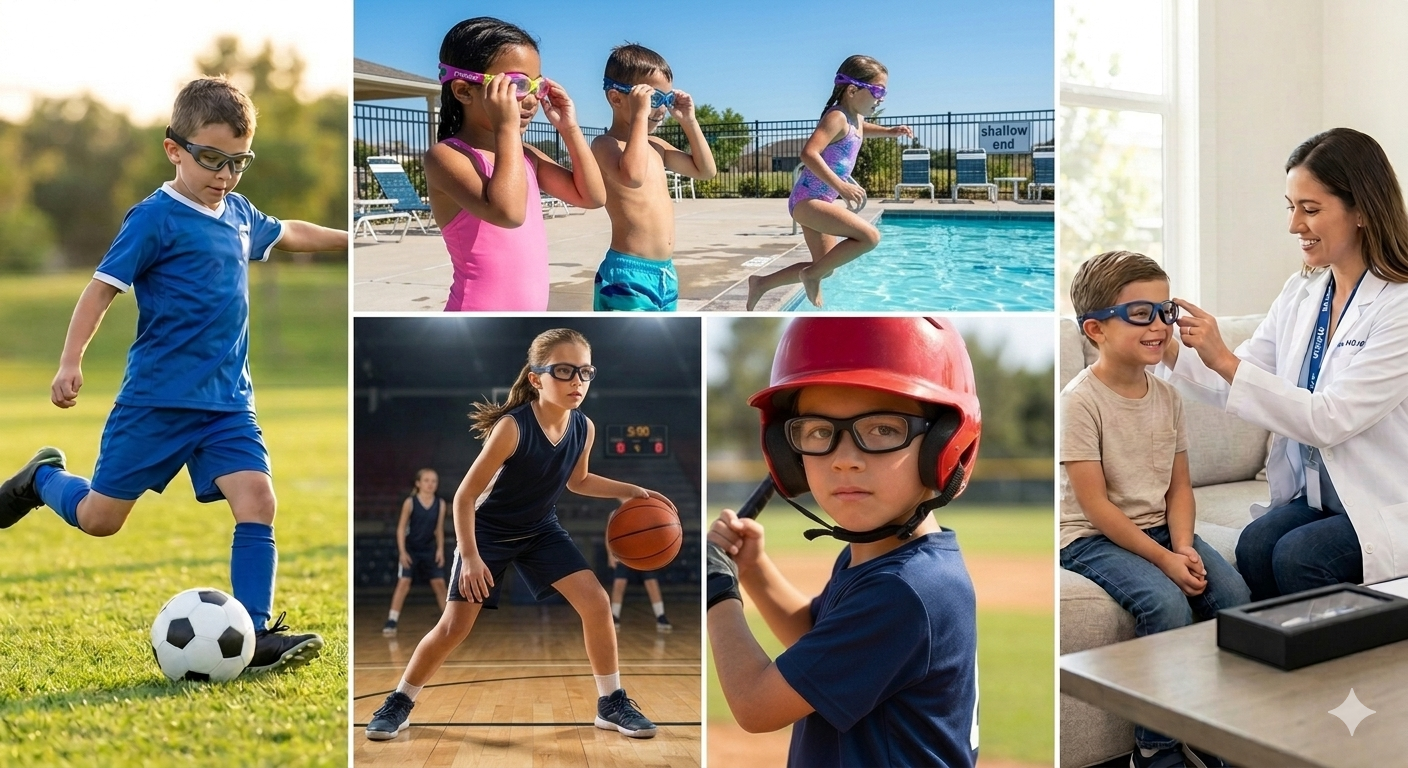Collage of children exercising: soccer, swimming, basketball, helmeted close-up, and doctor checkup